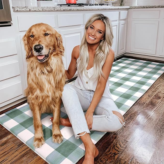 FRESHMINT Modern Farmhouse Plaid 2 Piece Set Kitchen Mats for Floor Anti Fatigue Waterproof & Non-Skid Kitchen Rugs Cushioned Kitchen Mat for Standing Washable Comfort Desk Kitchen Runners