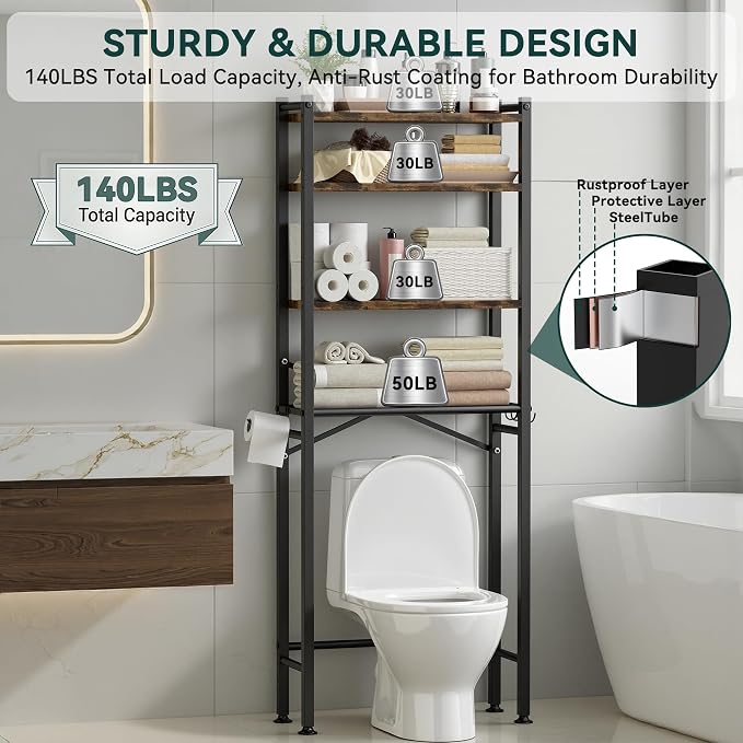 GloTika 4-Tier Over The Toilet Storage with Paper Holder and 4 Hooks - Metal Over Toilet Bathroom Organizer Shelf, Freestanding Bathroom Cabinet for Laundry/Living Room (69.3" H, Black Brown)