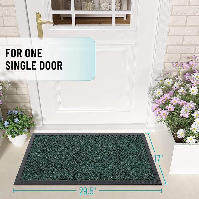 OLANLY Front Door Mat Outside Entrance 29.5x17, Absorbent, Heavy Duty Sturdy Natural Rubber Doormat Indoor Outdoor, Stain and Resistant, Non-Slip Low Profile Floor Mat Entryway, Black Green Diamond