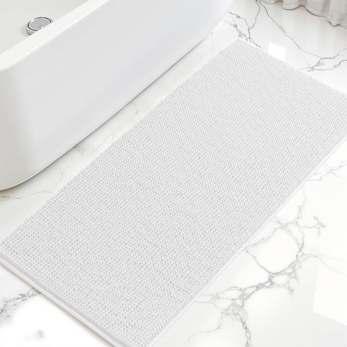 SUBRTEX Bathroom Rugs, 24" x 55" Chenille Bath Rug Soft Short Plush Bath Mat Soft Shower Mat Water Absorbent Shower Mat Quick Dry Machine Washable, White