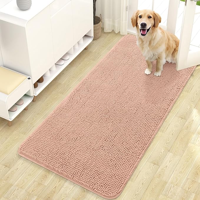 OLANLY Dog Door Mat for Muddy Paws 47x24, Absorbs Moisture and Dirt, Absorbent Non-Slip Washable Doormat, Quick Dry Chenille Mud Mat for Dogs, Entry Indoor Entryway Carpet for Inside Floor, Peach