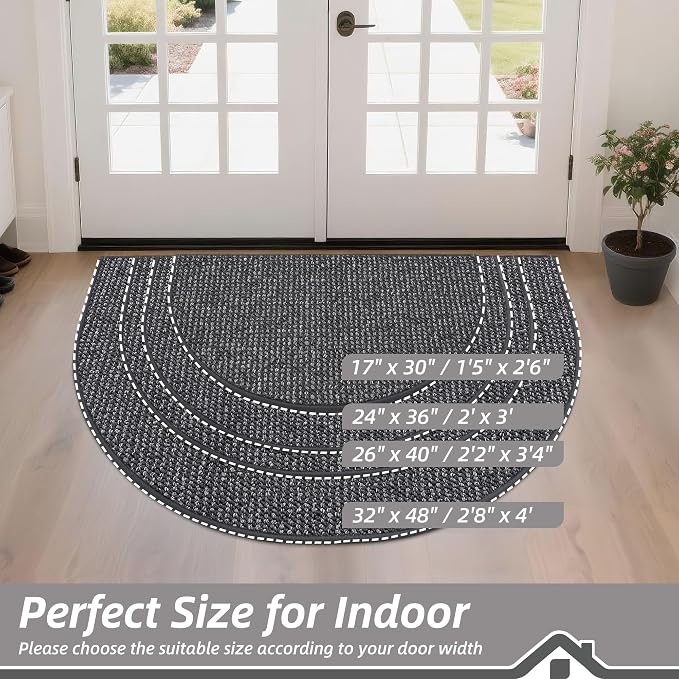 BEQHAUSE Dirt Trapper Door Mat 17" x 30" Half Circle Non-Slip Washable Doormats Entrance Rugs Absorbent Welcome Low Profile Floor Mats for Front Back Door and Entryway, Charcoal