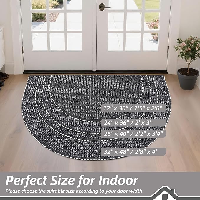BEQHAUSE Dirt Trapper Door Mat 24" x 36" Half Circle Non-Slip Washable Doormats Entrance Rugs Absorbent Welcome Low Profile Floor Mats for Front Back Door and Entryway, Charcoal