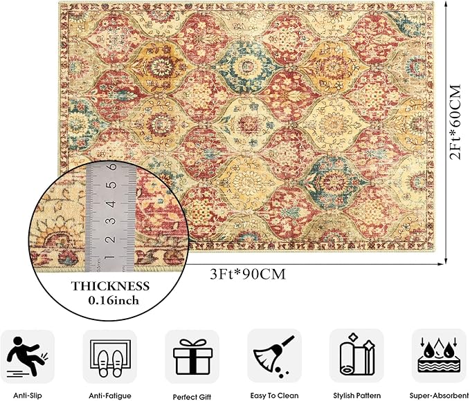 Lahome Moroccan Trellis Washable Rug, 2x3 Bathroom Rugs for Kitchen Entryway, Non-Slip Indoor Door Mat Ultra-Thin, Small Oriental Throw Carpet for Bedroom Entry Elise, Red/Orange