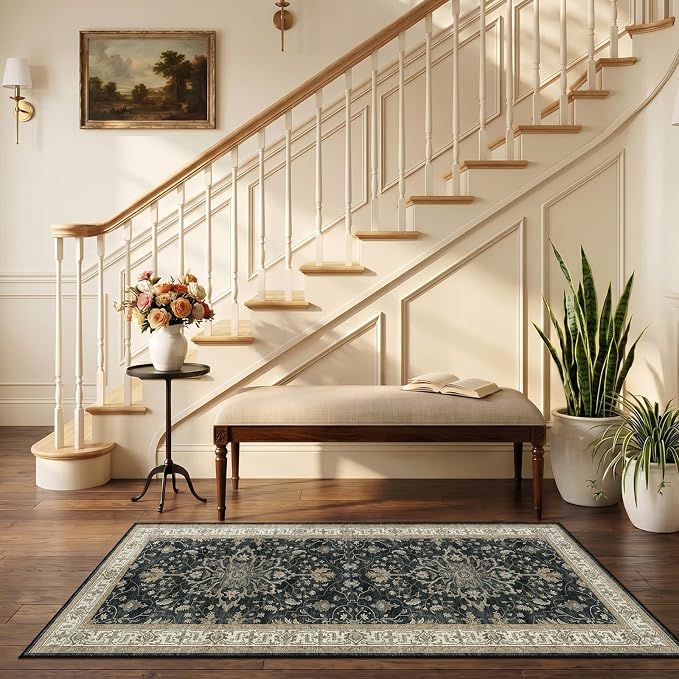 RELEANY Area Rugs Runner 2'6"x5' Washable Non-Slip, Floral Vintage Distress Medallion Carpet for Kitchen Hallway Bedroom Beside Laundry Room Bathroom, Vintage Black Brown Neutral