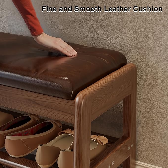AQIMUELE Shoe Rack Bench,2 Tiers Shoe Bench with Storage with Flip-Top,Wood Shoe Rack for Entryway,Hallway（Dark Walnut Upholstered Seat,11.8" D x 39.3" W x 15.7" H）