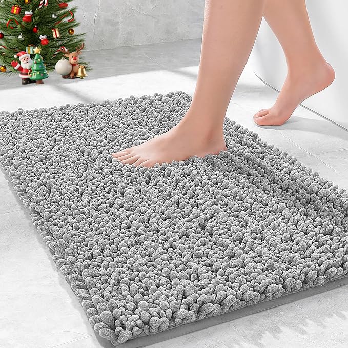 Bathroom Rugs Non Slip Washable 36x24, Extra Thick Soft Chenille Absorbent Bath Mat, High Density Barrier Non Slip Backing, Quick Dry Plush Shaggy Floor Carpet for Tub&Shower, Grey