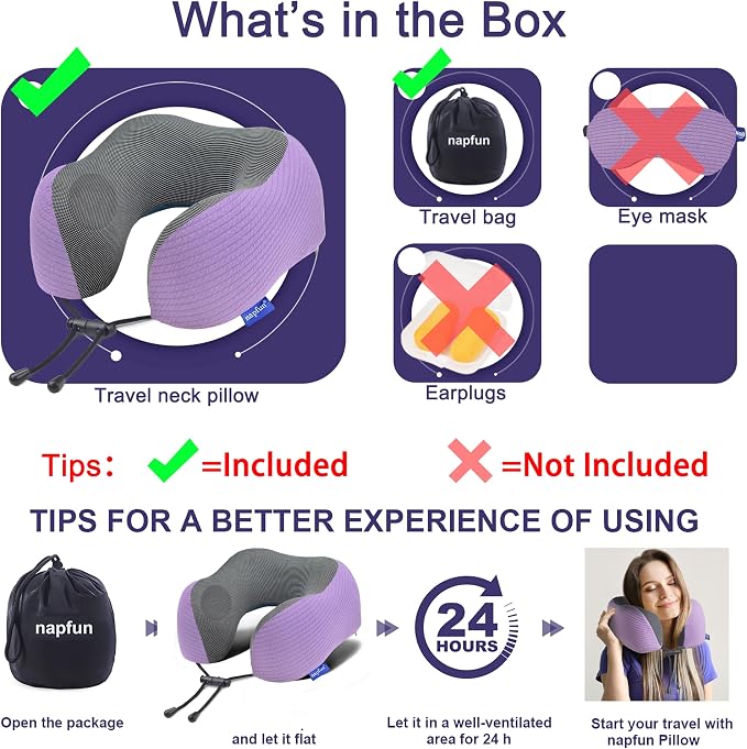 napfun Neck Pillow for Traveling, Upgraded Travel Neck Pillow for Airplane 100% Pure Memory Foam Travel Pillow for Flight Headrest Sleep, Portable Plane Accessories, Light Purple