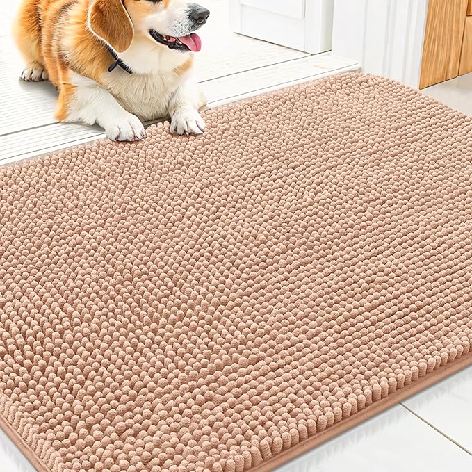 Smiry Dog Door Mat for Muddy Paws 30x20, Absorbent Dirt Trapper, Non-Slip Washable Chenille Entryway Rug for Inside Floor, Peach, Classic Solid