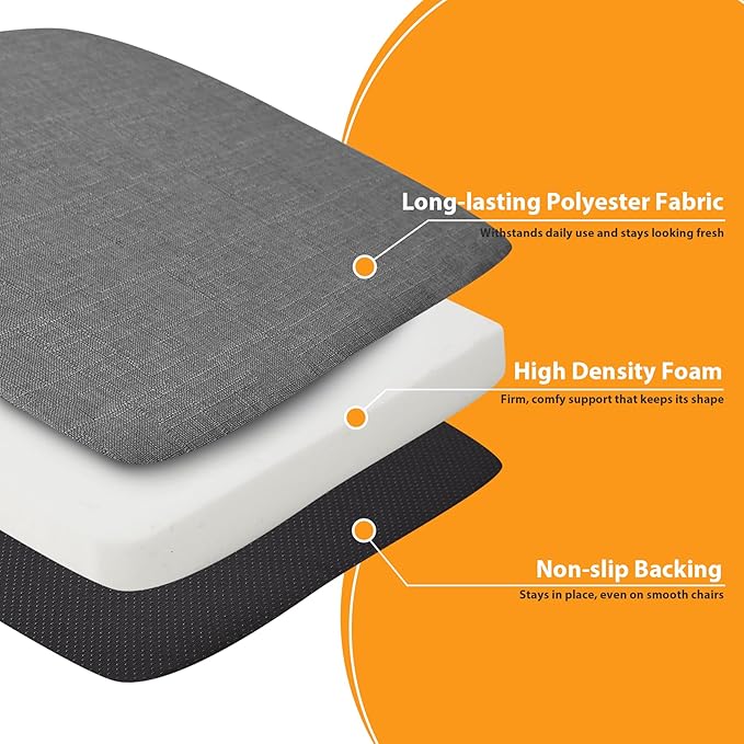 Ruqmuis Chair Cushions for Dining Chairs, 2" Thick Seat Cushions for Kitchen Chairs, D-Shaped Chair Pads with Washable Cover, Ties and Non Slip Backing, 17'' x 16'', Set of 2, Dark Grey