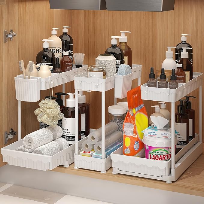 Sevenblue 3 Pack Multi-Purpose Pull-Out Storage Organizers, 2-Tier L-Shaped Under Sink/Cabinet Organizers and Storage for Bathroom & Kitchen,White,14.85 Inch