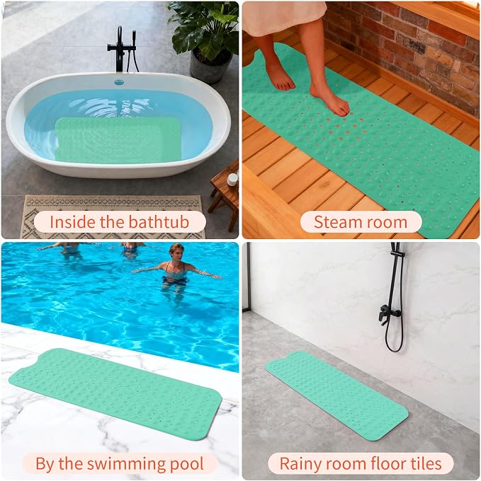 Anti-Slip Bathtub Shower mat, 40×16 inch（ 100 × 40cm） Soft Oversized Machine Washable Non-Slip Bathtub mat with Drainage Holes, Bathroom Floor Suction Cup.（1-Turquoise Green）