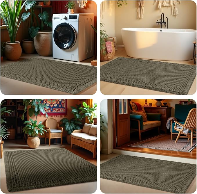 IM HOME Extra Large Waffle Bath Mat, Greyish Green 5'x2', Boho Bathroom Rugs Absorbent Non Slip, Ultra Soft Bathroom Mat, Machine Washable Knit Bath Rugs with Tassels for Bathroom, Kitchen, Tub
