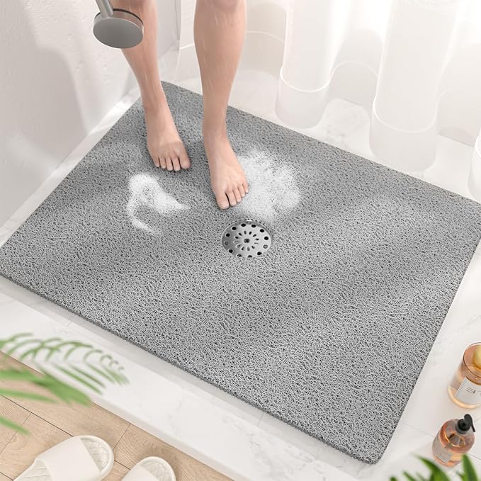 HITSLAM Shower Mat with Center Drain Hole, 32 x 24 Inch Non Slip Bath Mat for Textured Tub, Soft Loofah-Style Bathtub Mat Without Suction Cup, Quick Drying Stall Floor Mat, Bathroom Accessories, Grey