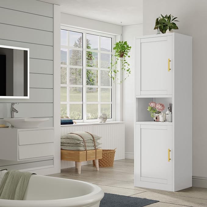 67" H Metal Tall Narrow Storage Cabinet, Freestanding Floor Cabinet with 2 Doors and Adjustable Shelves, Pantry Storage Cabinets for Bathroom, Living Room, Entryway and Kitchen