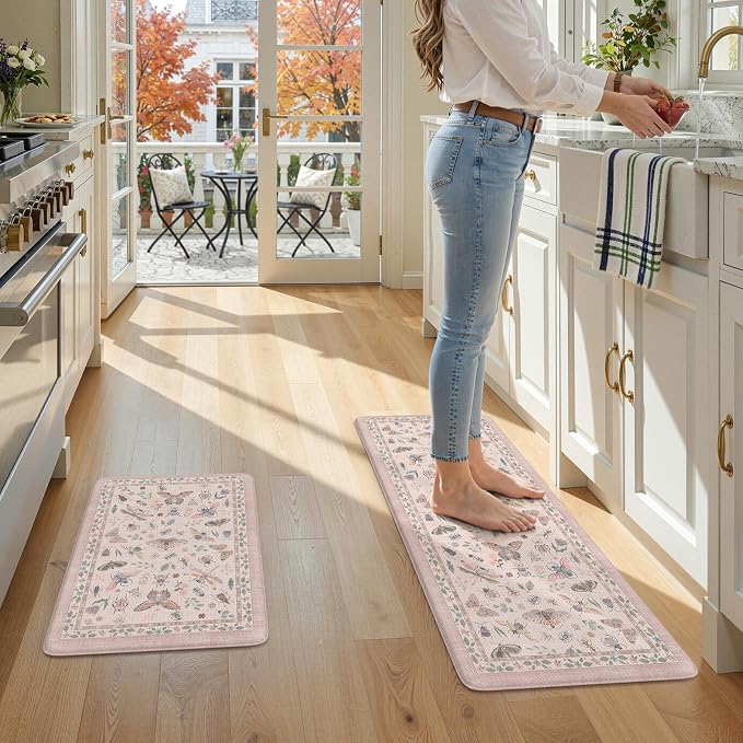 LEEVAN Anti Fatigue Mats for Kitchen Floor Non-Slip, Cushioned Kitchen Mats for Floor 2 Piece, Pink Memory Foam Kitchen Mat Set, Waterproof Ergonomic Standing Mat for Bar, Office,Desk, Laundry