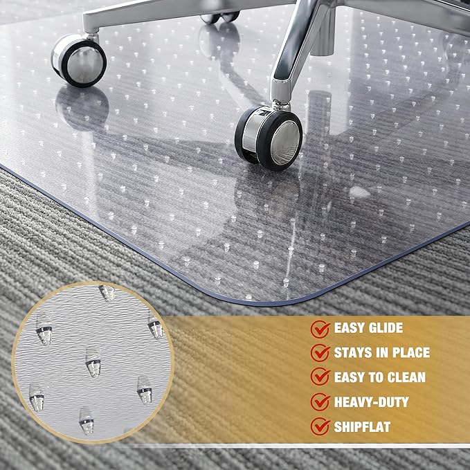 BesWin Office Chair Mat for Carpet, 32" x 48" Heavy Duty Hard Computer Desk Chair Mat for Carpeted Floors, Anti-Slip Carpet Floor Protector Mat for Office Chair, Smooth Glide, Ship Flat