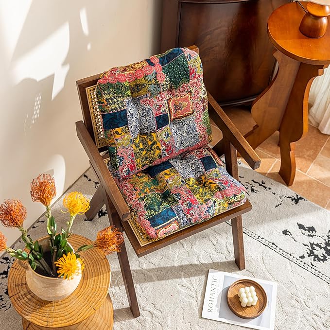 vctops Boho Paisley Chair Cushions with Ties Patchwork U-Shaped Soft Cozy Cotton Linen Chair Pads Non Slip Seat Cushions for Indoor Dining Room and Kitchen Chairs (Pink A,16"x16")