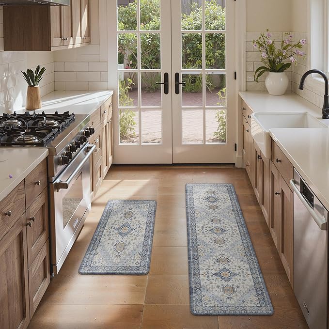 GENIMO Kitchen Mats for Floor, 2PCS Kitchen Rugs Non Slip Washable, Waterproof Anti Fatigue Mat, Comfort Standing Runner Rug for Sink, Office, Laundry, Home, 17.3"x59"+17.3"x30", Muted Blue
