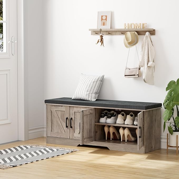 HOMSHO 2-Tier Storage Bench, 47.2" Wide Shoe Bench with Padded Seat Cushion, Entryway Bench with 4 Barn Doors and Adjustable Shelf, Greige