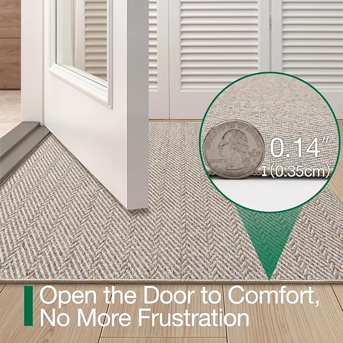 LUMI Ultra Thin Indoor Door Mat for Entrance 24"x36", Non Slip Entryway Mat, Low Profile Doormat, Unique Herringbone Design Carpet for Inside, Patio, Porch, Beige