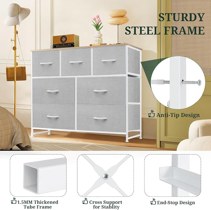 7-Drawer Dresser for Bedroom, Anti-Tip Wide Storage Organizer Fabric Chest of Drawers TV Stand for 45" TV with Wooden Top and Metal Frame for Closet, Living Room, Hallway, Entryway, Light Gray