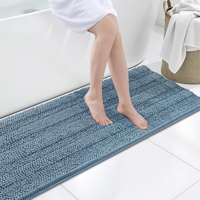 Grandaily Chenille Striped Bathroom Rugs 59x20, Extra Thick and Soft Absorbent Bath Mats, Rubber Backing, Plush Shaggy Shower Carpet, Machine Wash Dry, Bath Rug for Bathroom, Airy Blue