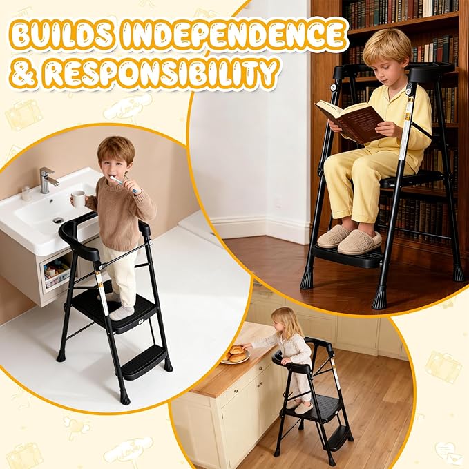 HBTower Kids 2 Steps Step Stool,Toddler Tower for Kitchen Counter Learning,Toddler Kitchen Stool Helper with Anti-Drop Safty Railing Kids Standing Folding Stepper(Black)