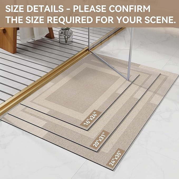 YDKGL Non Slip Bath Mat, Rubber Backing Ultra Thin Bathroom Rugs Fit Under Door Quick Dry Super Absorbent Washable Bath Rug Shower Mat for Bathroom Floor Bathtub Shower Sink, Easy Care Beige 16"x 24"
