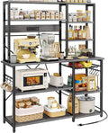 SUPERJARE Larger Bakers Rack with Power Outlets, 6-Tier Microwave Stand, Coffee Bar with 12 S-Shaped Hooks, Kitchen Shelf with Wire Basket, 47.2 x 15.5X 66.9 Inches, Grey