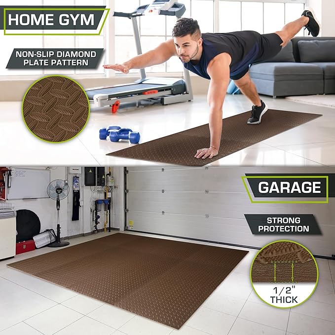 ProsourceFit Exercise Puzzle Mat 1/2-inch, EVA Interlocking Foam Floor Tiles for Home Gym, Workout Equipment, Kids Play Areas, Brown, 48 Sq Ft - 12 Tiles