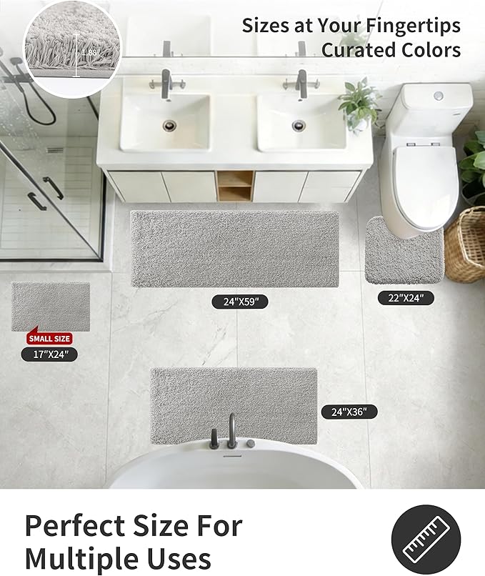 ILANGO Grey Bathroom Rugs 36" × 24" Non Slip & Super Absorbent Extra Thick Soft, Washable Bath Mat for Floor, Microfiber Plush Shaggy Bath Rug with Rubber for Bathtub Shower Room Sink