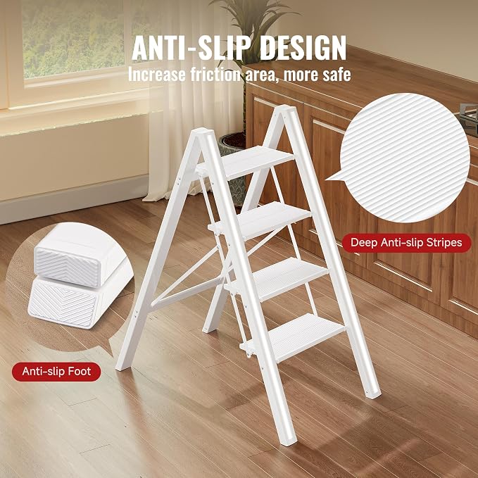 4 Step Ladder, Aluminum Folding Step Stool with Anti-Slip Sturdy and Wide Pedal, Lightweight Portable Stepladder for Home and Kitchen Use, Cream White, 330 lbs