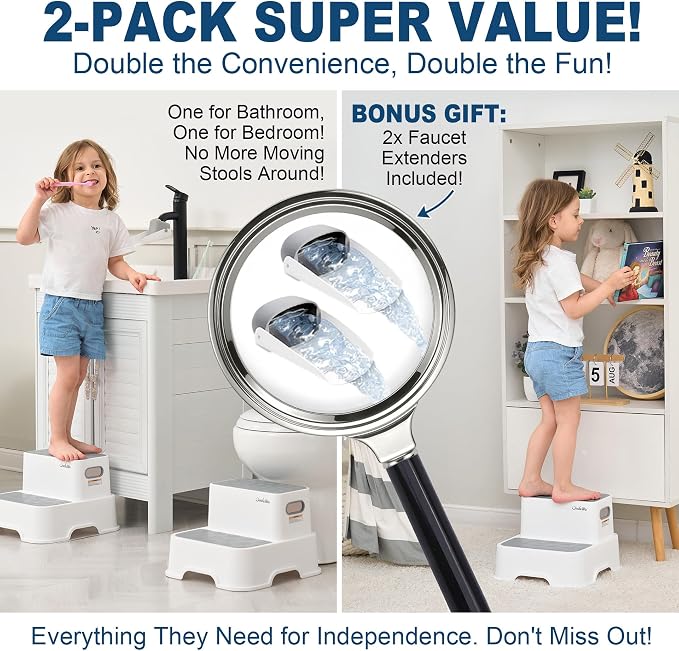 2-Pack Step Stool for Kids – Non-Slip Toddler Step Stool for Bathroom Sink & Potty Training – Heavy Duty 200 lbs, Includes Faucet Extender & Duck Bath Toys (Gray White)