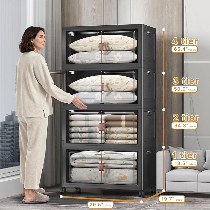 UAMFURI Stackable Storage Bins with Lids, 1400QT Closet Organizers and Storage with Doors and Wheels, Extra Large Storage Cabinet, Collapsible Plastic Drawers for Bedroom Office Garage