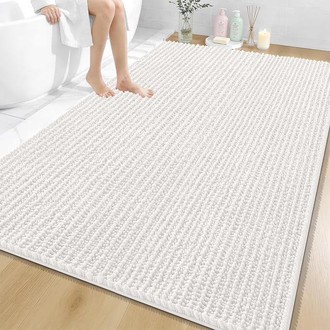 OLANLY Bathroom Rug Mat 70x46, Thick Soft and Absorbent Chenille Bath Mat, Non-Slip Rubber Backing, Machine Washable Quick Dry Bath Rugs for Tub Shower Floor, Home Decor Accessories, Ivory