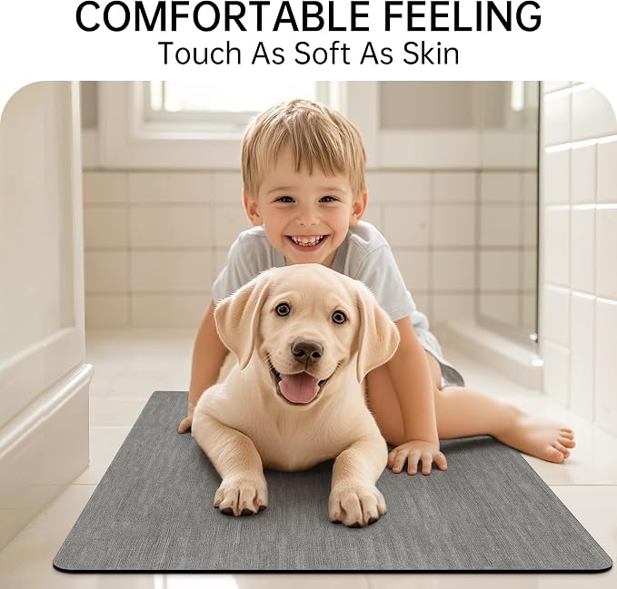 Mecko Bath Mat, Ultra Absorbent Quick Dry Bathroom Floor Mats-Rubber Non-Slip Thin Bathroom Rug Fit Under Door, Faux Suede Surface Shower Rug for Bathtub, Sink, Shower Room(Grey,20"x32")