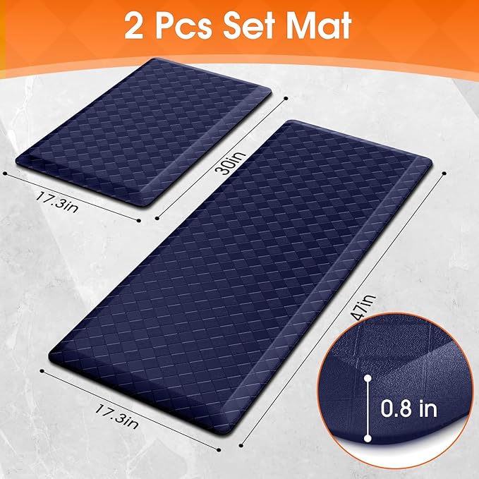 TranquilRelax 4/5 Inch Thick Anti-Fatigue Kitchen Mats 2Pcs, Cushioned Non-Slip Waterproof Sink & Stove Floor Mats, Comfortable Standing Rug Set for Kitchen, Laundry & Entryway, Blue