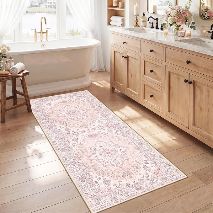 RELEANY Area Rugs Runner 2'6"x5' Washable Non-Slip, Floral Vintage Distress Medallion Carpet for Kitchen Hallway Bedroom Beside Laundry Room Bathroom, Pink Greypink Cute