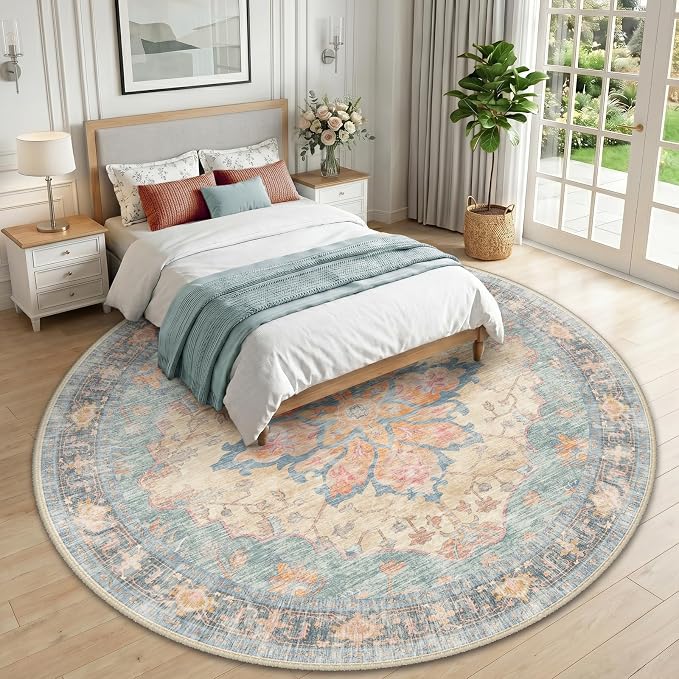 RELEANY Area Rugs Round 10ft Washable Non-Slip, Floral Vintage Distress Medallion Carpet for Living Room Bedroom Dining Room, Blue Orange Red