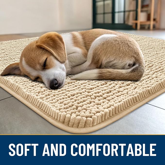 Smiry Dog Door Mat for Muddy Paws 30x20, Absorbent Dirt Trapper, Non-Slip Washable Chenille Entryway Rug for Inside Floor, Beige, Classic Solid