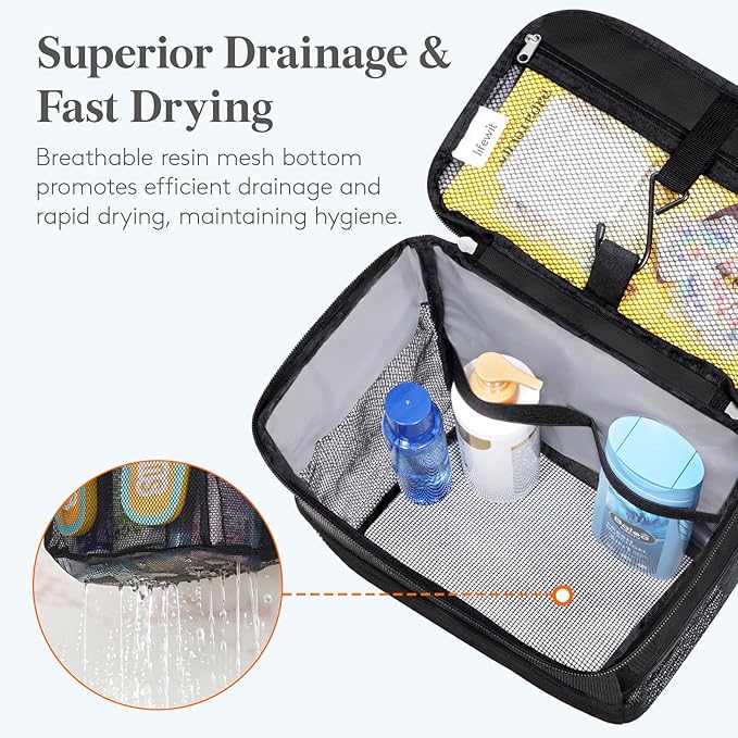 Lifewit Shower Caddy Portable, Toiletry Bag with Handle and 3 Mesh Pockets, Quick Dry Hanging Organizer for Bathroom, Gym, Travel, Camping, College Dorm Room Essentials for Women Men, Black
