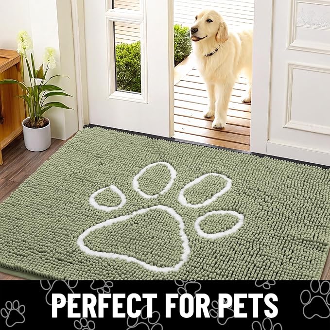 Smiry Dog Door Mat for Muddy Paws, Absorbent Dirt Trapper Non Slip Quick Dry Washable Chenille Mat for Mud Dogs, Entry Rug for Indoor and Outdoor (24x16 Inches, Sage Green and White)
