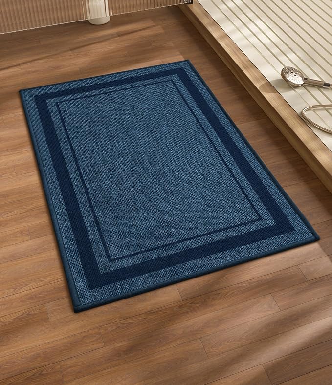 chakme Bathroom Rugs Mat 24x17, Ultra Thin Non Slip Bath Mat Small Quick Dry Absorbent Bath Mat for Bathroom, (Dark Blue, 24"x17")