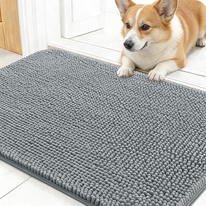 OLANLY Dog Door Mat for Muddy Paws 30x17, Absorbs Moisture and Dirt, Absorbent Non-Slip Washable Doormat, Quick Dry Chenille Mud Mat for Dogs, Entry Indoor Entryway Carpet for Inside Floor, Grey