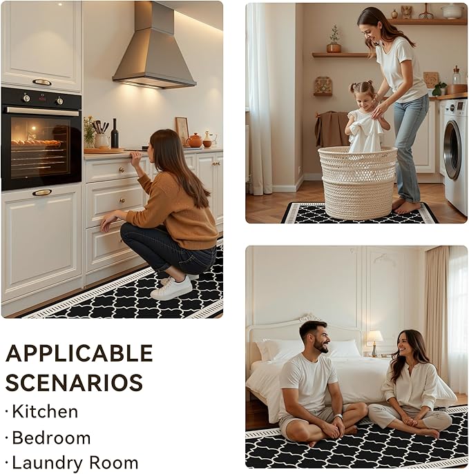 Black Vintage Moroccan Grid Elegance Kitchen Rug Sets [2 PCs], Anti-Fatigue, Waterproof Non-Slip Kitchen Mats Heavy Duty Comfort Foam Rug for Kitchen, Floor, Laundry,17"x29"+17"x47"