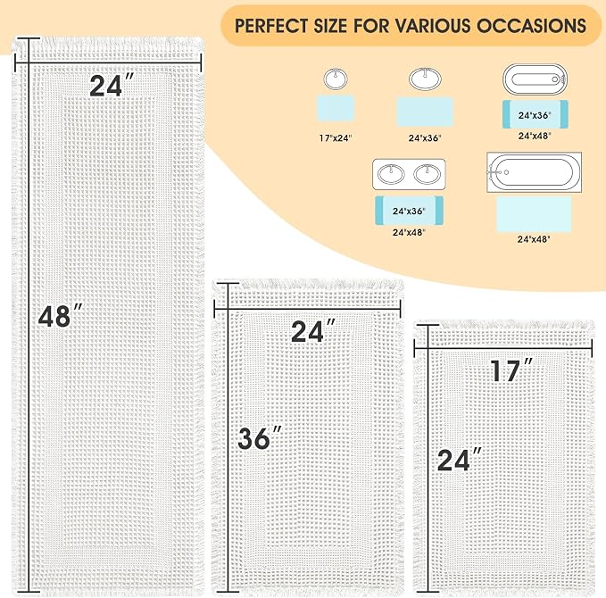 IM HOME Upgrade Waffle Bath Mat Set 3 Piece, Boho Bathroom Rugs Absorbent Non Slip, Soft Bathroom Mats, Machine Washable Knit Bath Rugs with Tassels for Bathroom, Bedroom, Kitchen, Shower, Tub, White