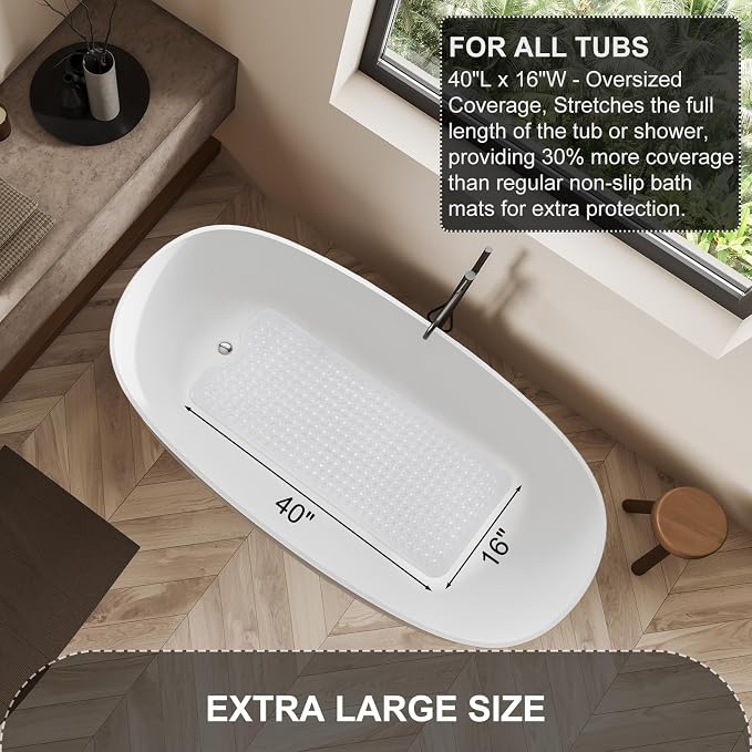 TEESHLY Bath Tub and Shower Mats, Non Slip 40 x 16 Inch Extra Long Bathtub Mat, Machine Washable Bathmat with Drain Holes, Suction Cups for Bathroom Floor, Clear