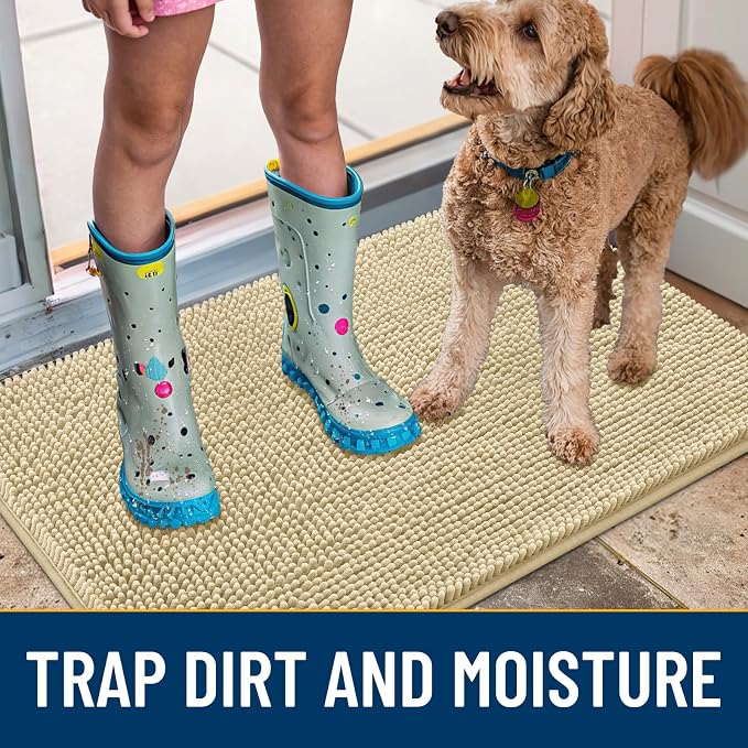 Smiry Dog Door Mat for Muddy Paws 24x16, Absorbent Dirt Trapper, Non-Slip Washable Chenille Entryway Rug for Inside Floor, Cream White, Classic Solid