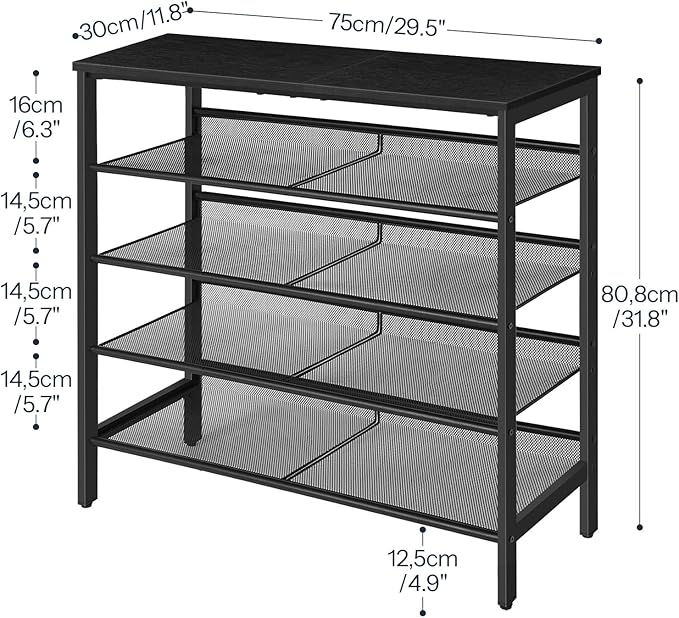 HOOBRO Shoe Rack for Entryway, 5-Tier Shoe Organizer with Adjustable Mesh Shelves, 12-16 Pairs of Shoes, Spacious Floor Mount, Metal, Industrial, Shoe Shelf for Closet, Black BB12XJ01